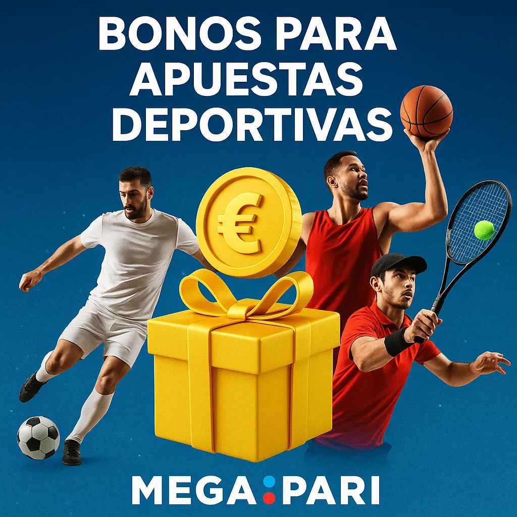 Banner de MegaPari sobre bonos para apuestas deportivas, con jugadores de fútbol, básquet y tenis junto a un regalo dorado y una moneda, destacando promociones para apostadores.