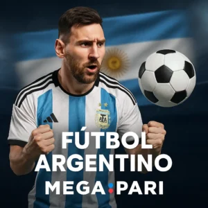 Estrella del fútbol argentino celebrando un gol con la camiseta de la selección nacional frente a la bandera argentina. Apuestas deportivas en fútbol argentino en MegaPari: Primera División, Copa Argentina y torneos locales con cuotas altas.