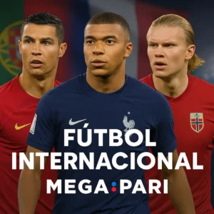 Tres figuras destacadas del fútbol mundial en un estadio iluminado. Apuestas en fútbol internacional en MegaPari Argentina: Champions League, LaLiga, Premier League y competiciones entre selecciones con cuotas competitivas y apuestas en vivo.
