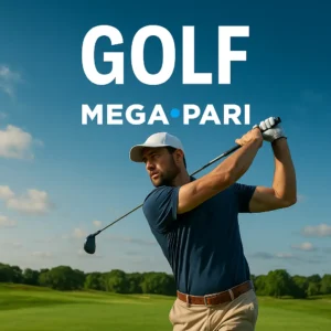 Golfista concentrado ejecutando un golpe con el palo en un campo verde bajo un cielo despejado. Apuestas deportivas en golf en MegaPari Argentina con torneos internacionales, cuotas competitivas y pronósticos en tiempo real.