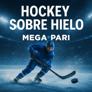 Jugador de hockey sobre hielo con uniforme azul patinando rápidamente sobre la pista y golpeando el disco con el palo. Apuestas de hockey sobre hielo en MegaPari Argentina con ligas internacionales, partidos en vivo y cuotas actualizadas para cada enfrentamiento.