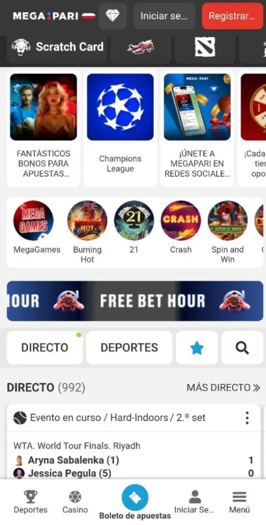 Interfaz móvil de la aplicación MegaPari para Argentina, mostrando secciones de apuestas deportivas, casino y juegos como MegaGames, Crash y Spin and Win, con banners promocionales como “Free Bet Hour” y opciones de registro e inicio de sesión visibles.