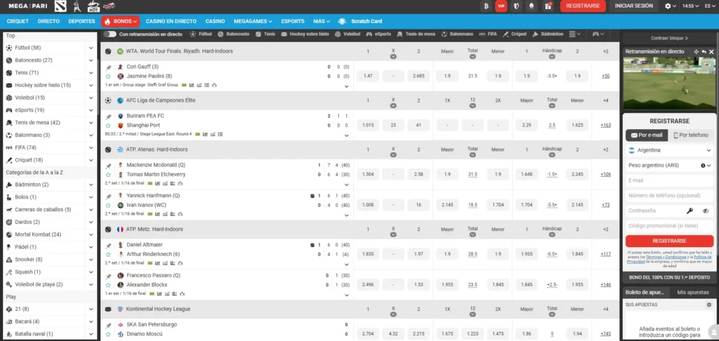 Pantalla de apuestas en vivo de MegaPari para Argentina, mostrando eventos deportivos como tenis, fútbol y hockey con cuotas actualizadas, opciones de hándicap y transmisión en directo, junto con formulario de registro local con moneda en pesos argentinos (ARS).