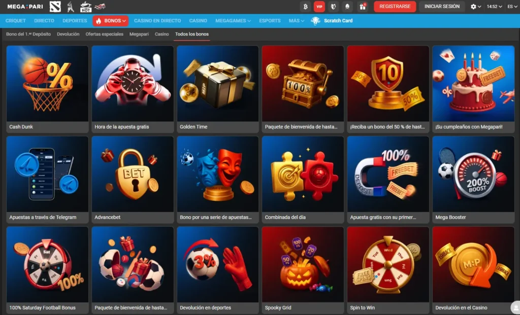 Imagen con varios íconos coloridos de bonos y promociones de MegaPari para Argentina, mostrando ofertas como bonos de bienvenida, apuestas gratis y recompensas especiales, con banderas argentinas destacando el enfoque local.