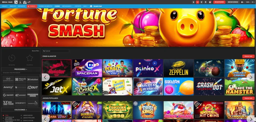 Pantalla de casino en línea de MegaPari para Argentina, mostrando juegos populares como Aviator, Spaceman, JetX y PlinkoX bajo un colorido banner “Fortune Smash” con temática de monedas y frutas, resaltando la sección de tragamonedas y crash games.