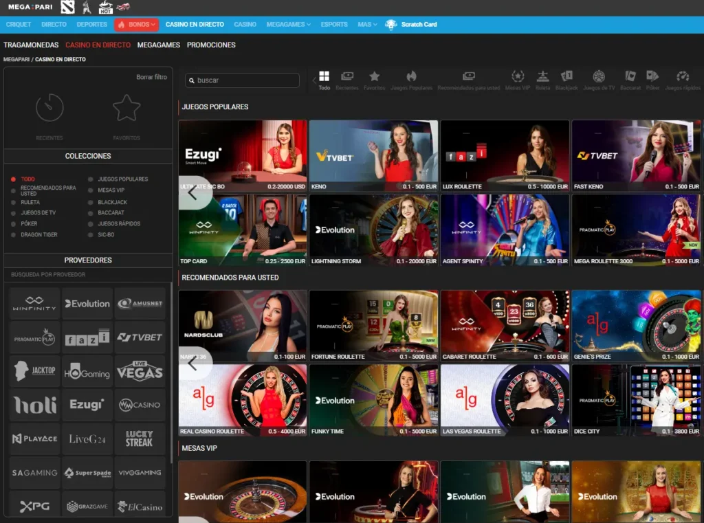 Banner del casino en vivo de MegaPari Argentina, mostrando una amplia selección de mesas con crupieres reales de proveedores como Evolution, Ezugi, Vivo Gaming y Pragmatic Play. En la imagen se observan juegos populares de ruleta, blackjack, baccarat y programas en vivo como Monopoly Live y Funky Time.