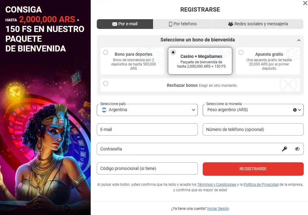 Pantalla de registro de MegaPari Argentina con formulario de inscripción y oferta de bono de bienvenida de hasta ARS 178.000 + 150 giros gratis, junto a una ilustración de una mujer con estilo egipcio frente a una ruleta de casino.
