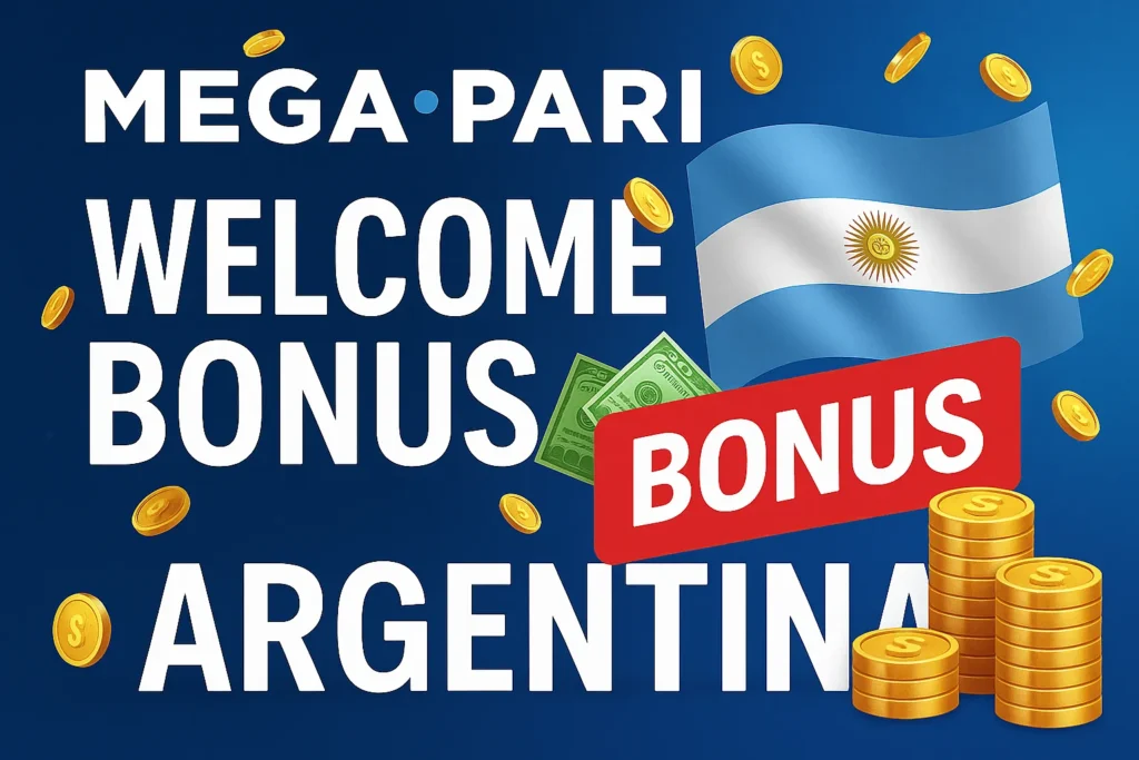Banner de MegaPari con el texto “Welcome Bonus Argentina”, monedas doradas, billetes y la bandera de Argentina, destacando la oferta de bono de bienvenida para nuevos usuarios.
