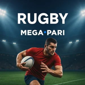 Jugador de rugby con camiseta roja corriendo con la pelota en un estadio lleno e iluminado. Apuestas en rugby en MegaPari Argentina con pronósticos actualizados, torneos internacionales y cuotas competitivas para cada partido.