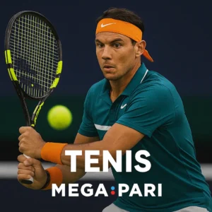 Tenista profesional concentrado golpeando la pelota con raqueta durante un partido. Apuestas en tenis en MegaPari Argentina: torneos ATP, WTA y Grand Slam con estadísticas en tiempo real y mercados en vivo.