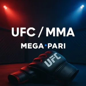 Guante de lucha UFC sobre un ring iluminado con luces rojas y azules. Promoción de apuestas en UFC y MMA en MegaPari Argentina, con cuotas en vivo, combates destacados y bonos exclusivos para los fanáticos de las artes marciales mixtas.