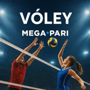 Dos jugadores de vóley saltando para bloquear el balón en una cancha iluminada. Apuestas deportivas de vóley en MegaPari Argentina con ligas internacionales, torneos locales y cuotas dinámicas en tiempo real.